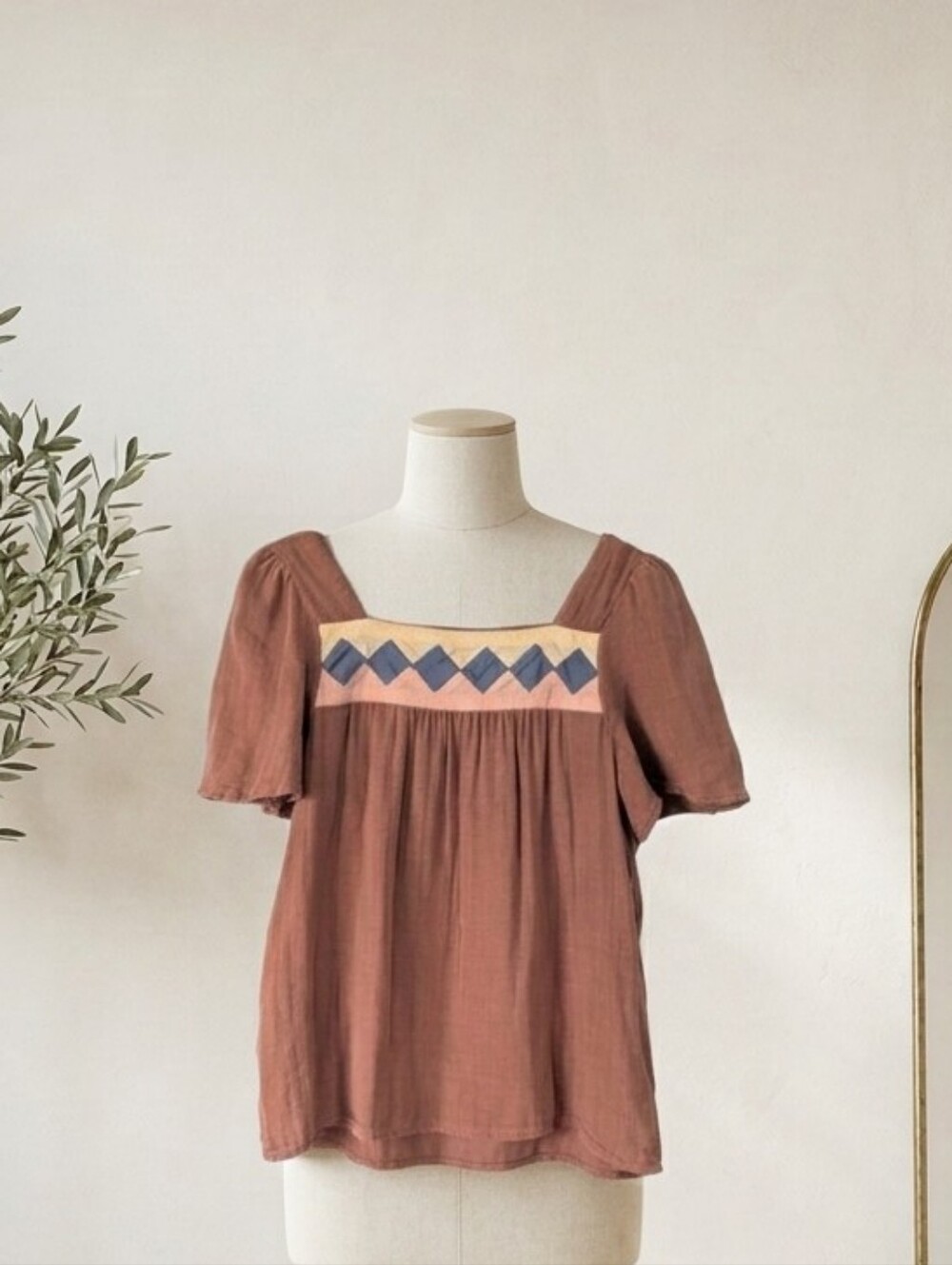 Madewell Cotton Gauze Geometric Applique Square Neck Top Brown Size S